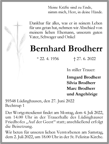 Anzeige von Bernhard Brodherr 