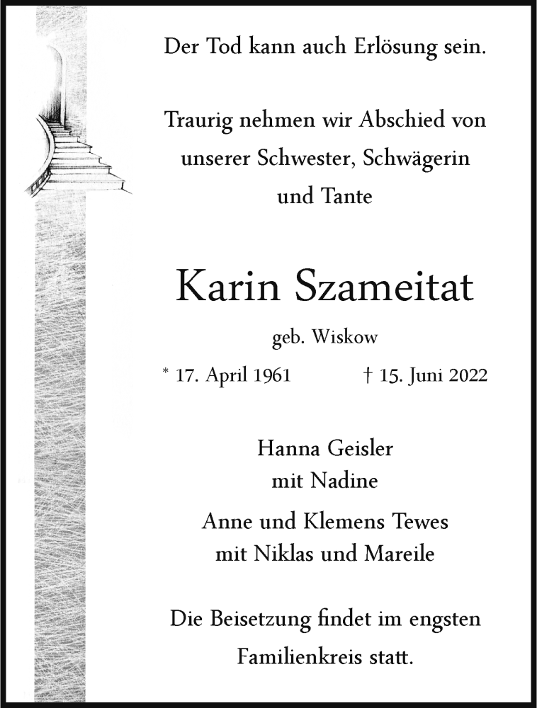  Traueranzeige für Karin Szameitat vom 25.06.2022 aus 