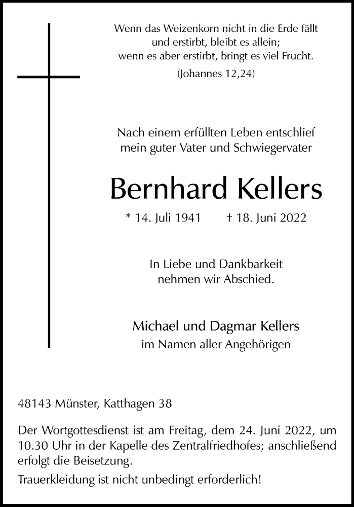  Traueranzeige für Bernhard Kellers vom 22.06.2022 aus 