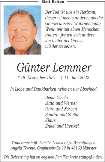 Anzeige von Günter Lemmer 
