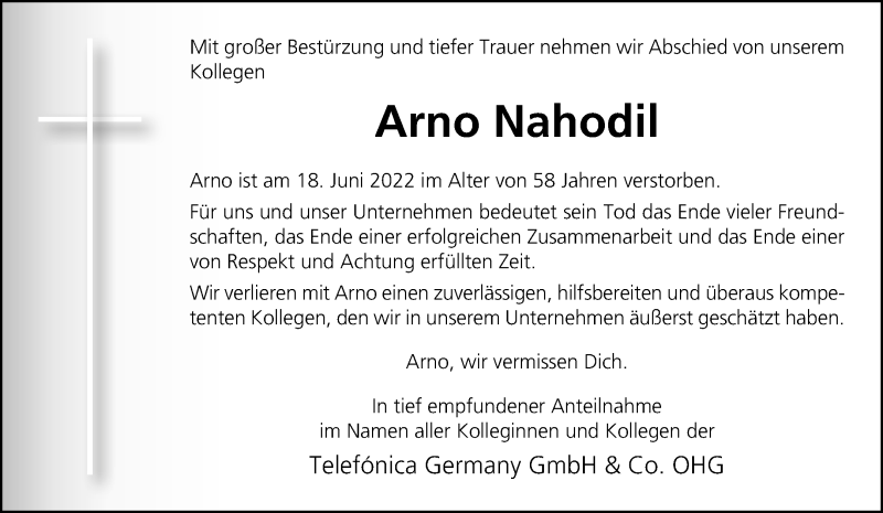 Traueranzeige für Arno Nahodil vom 25.06.2022 aus 