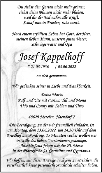 Anzeige von Josef Kappelhoff 