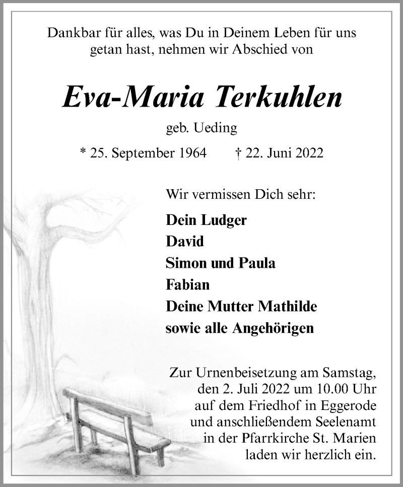  Traueranzeige für Eva-Maria Terkuhlen vom 28.06.2022 aus 