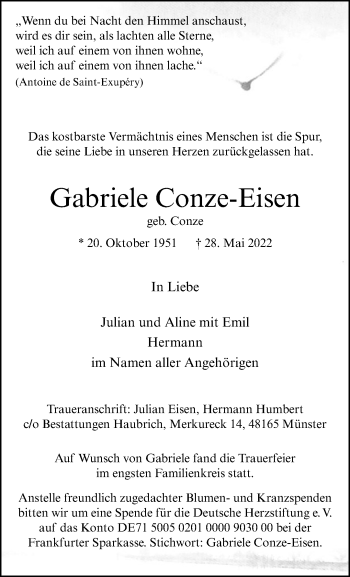 Anzeige von Gabriele Conze-Eisen 