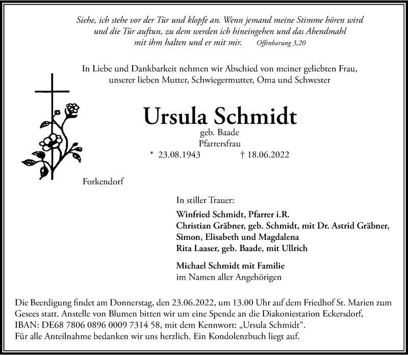  Traueranzeige für Ursula Schmidt vom 22.06.2022 aus 