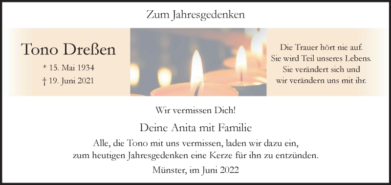  Traueranzeige für Tono Dreßen vom 18.06.2022 aus 