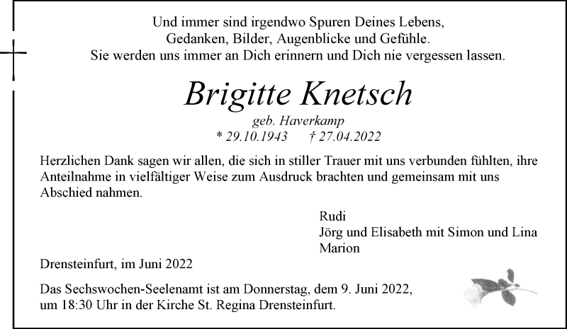  Traueranzeige für Brigitte Knetsch vom 04.06.2022 aus 