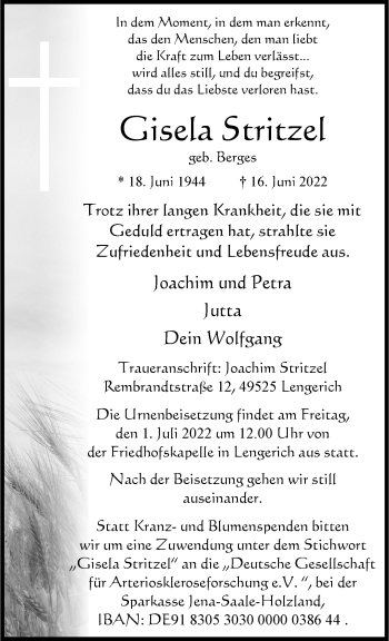 Anzeige von Gisela Stritzel 