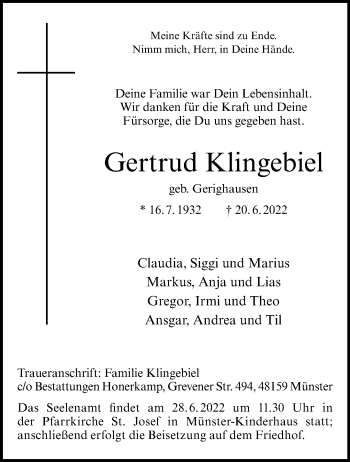 Anzeige von Gertrud Klingebiel 