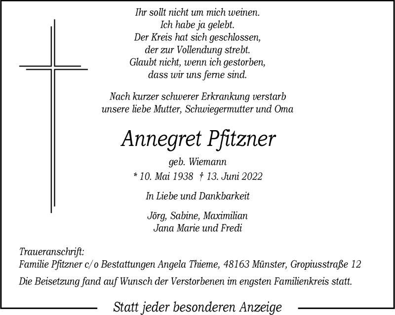  Traueranzeige für Annegret Pfitzner vom 25.06.2022 aus 