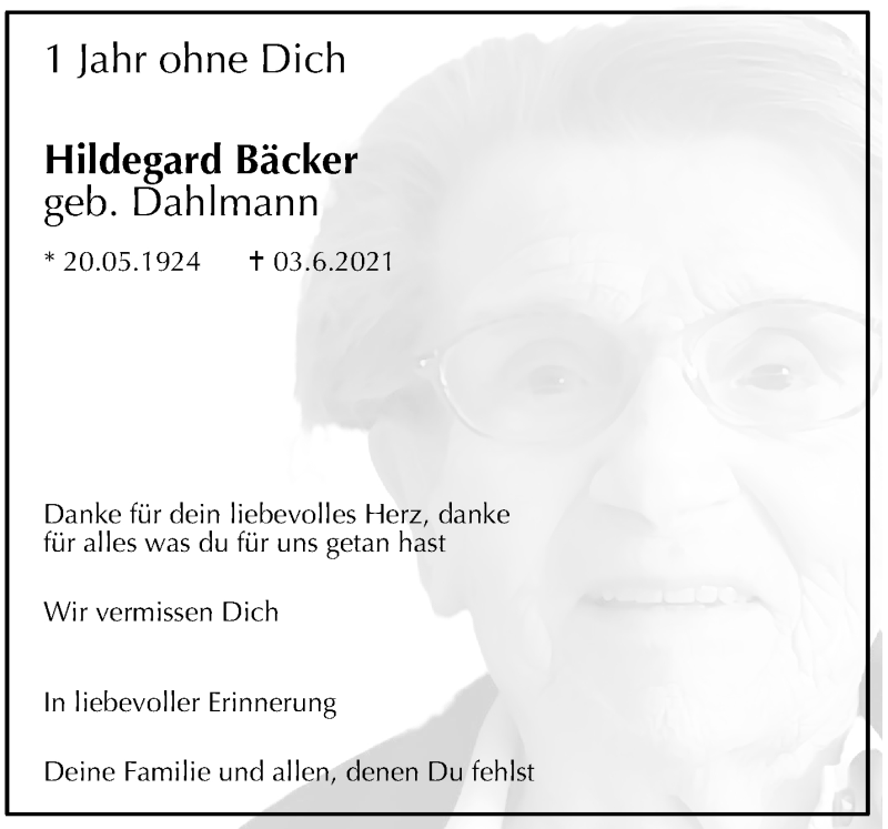  Traueranzeige für Hildegard Bäcker vom 04.06.2022 aus 