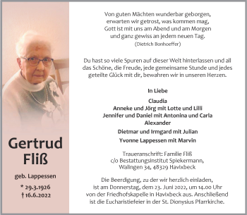Anzeige von Gertrud Fliß 
