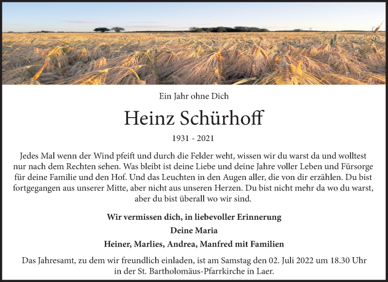  Traueranzeige für Heinz Schürhoff vom 25.06.2022 aus 