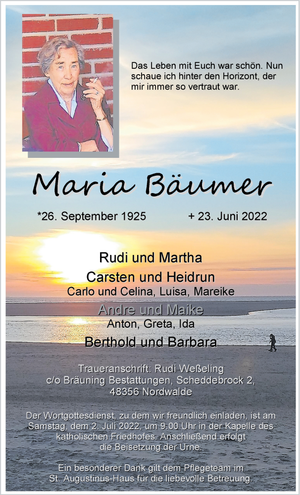  Traueranzeige für Maria Bäumer vom 29.06.2022 aus 