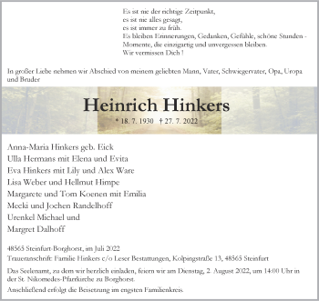 Anzeige von Heinrich Hinkers 