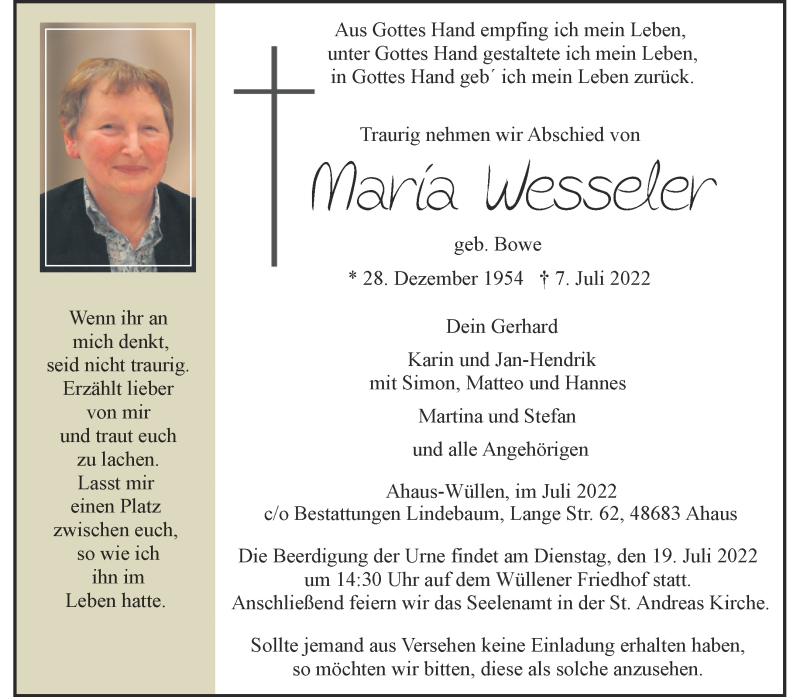  Traueranzeige für Maria Wesseler vom 12.07.2022 aus 
