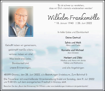 Anzeige von Wilhelm Frankemölle 