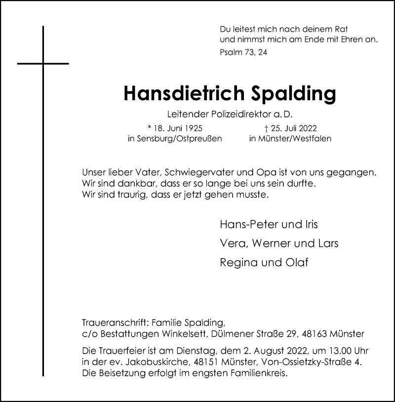  Traueranzeige für Hansdietrich Spalding vom 27.07.2022 aus 