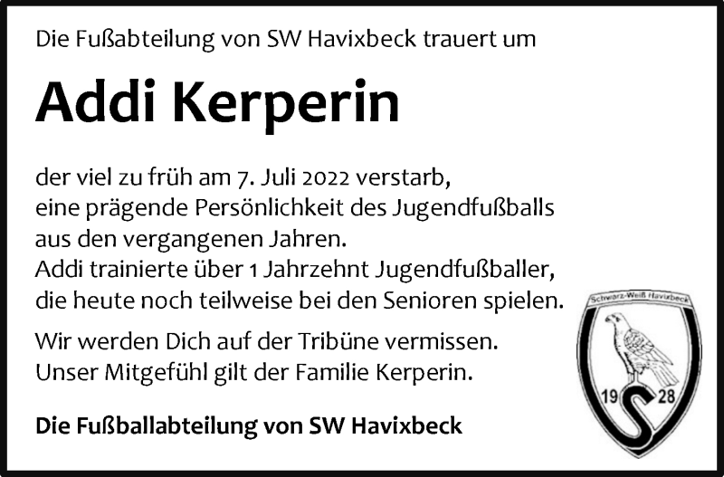  Traueranzeige für Addi Kerperin vom 27.07.2022 aus 