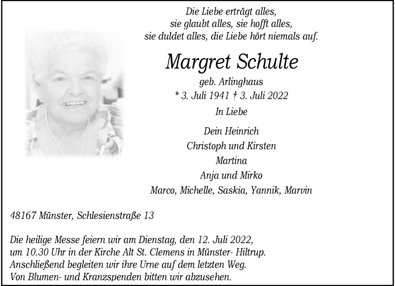  Traueranzeige für Margret Schulte vom 09.07.2022 aus 