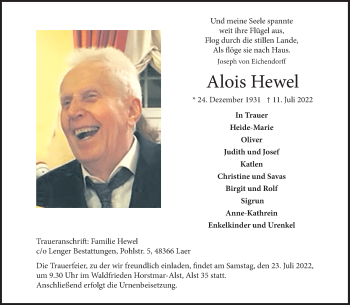 Anzeige von Alois Hewel 