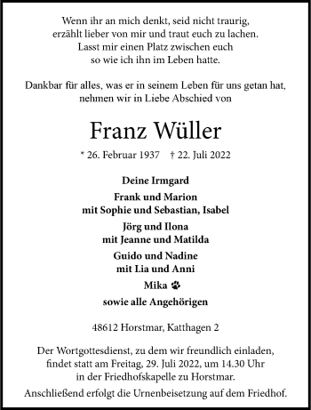Anzeige von Franz Wüller 