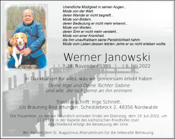 Anzeige von Werner Janowski 