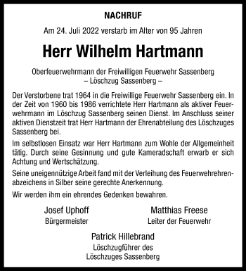 Anzeige von Wilhelm Hartmann 
