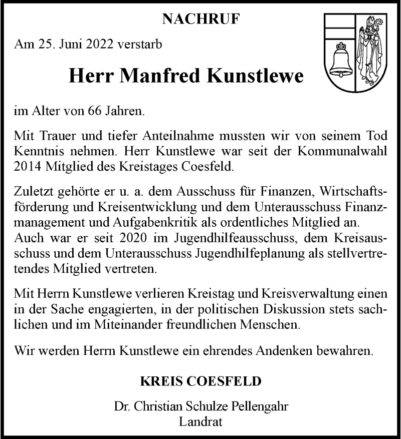  Traueranzeige für Manfred Kunstlewe vom 02.07.2022 aus 
