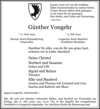 Anzeige von Günther Vongehr 