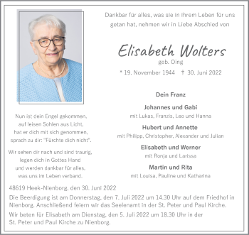 Anzeige von Elisabeth Wolters 