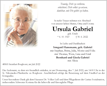 Anzeige von Ursula Gabriel 