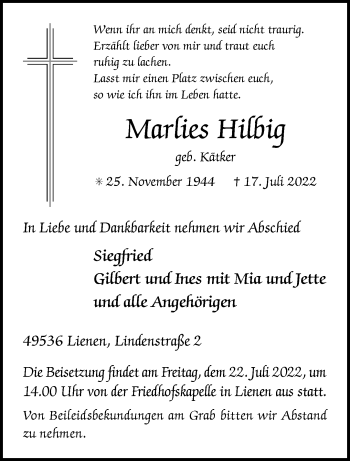 Anzeige von Marlies Hilbig 