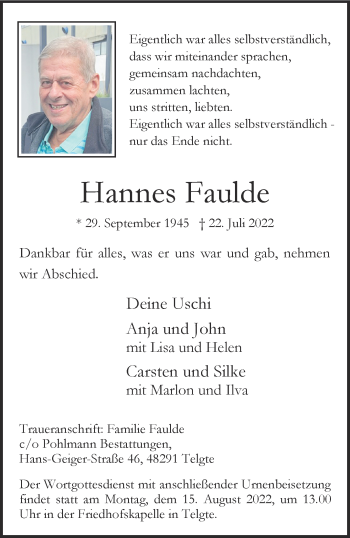 Anzeige von Hannes Faulde 