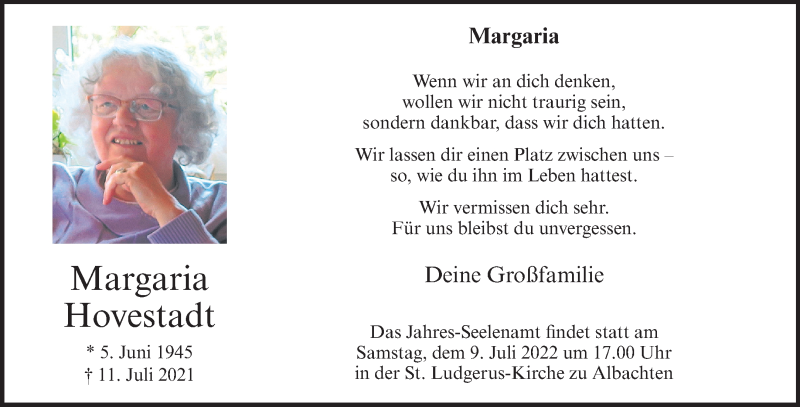  Traueranzeige für Margaria Hovestadt vom 02.07.2022 aus 