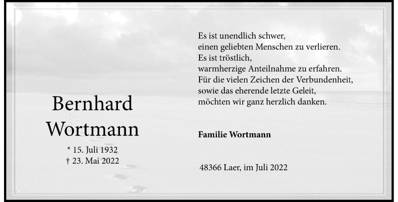  Traueranzeige für Bernhard Wortmann vom 02.07.2022 aus 