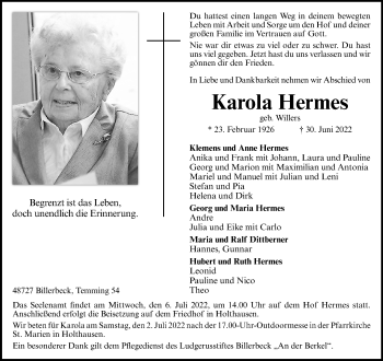 Anzeige von Karola Hermes 