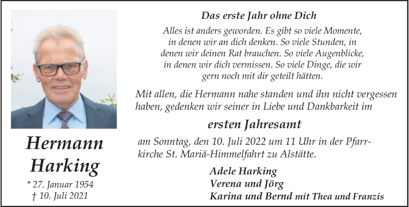  Traueranzeige für Hermann Harking vom 06.07.2022 aus 