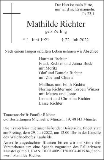 Anzeige von Mathilde Richter 