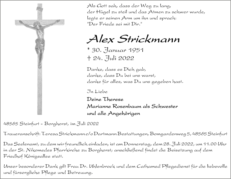  Traueranzeige für Alex Strickmann vom 27.07.2022 aus 