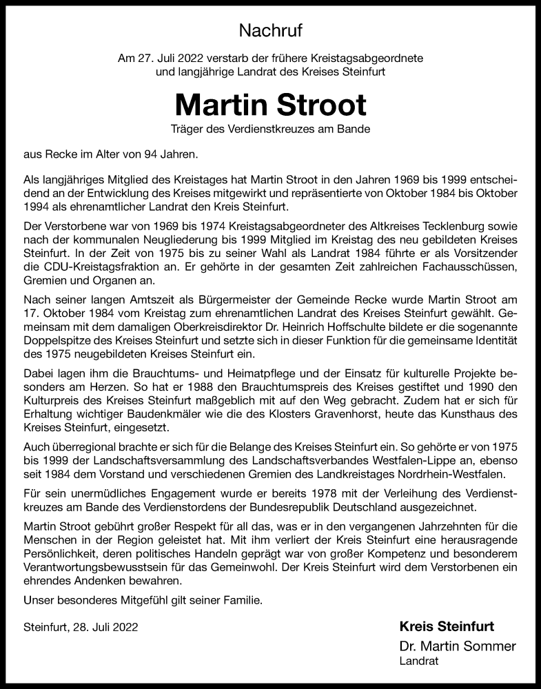  Traueranzeige für Martin Stroot vom 30.07.2022 aus 