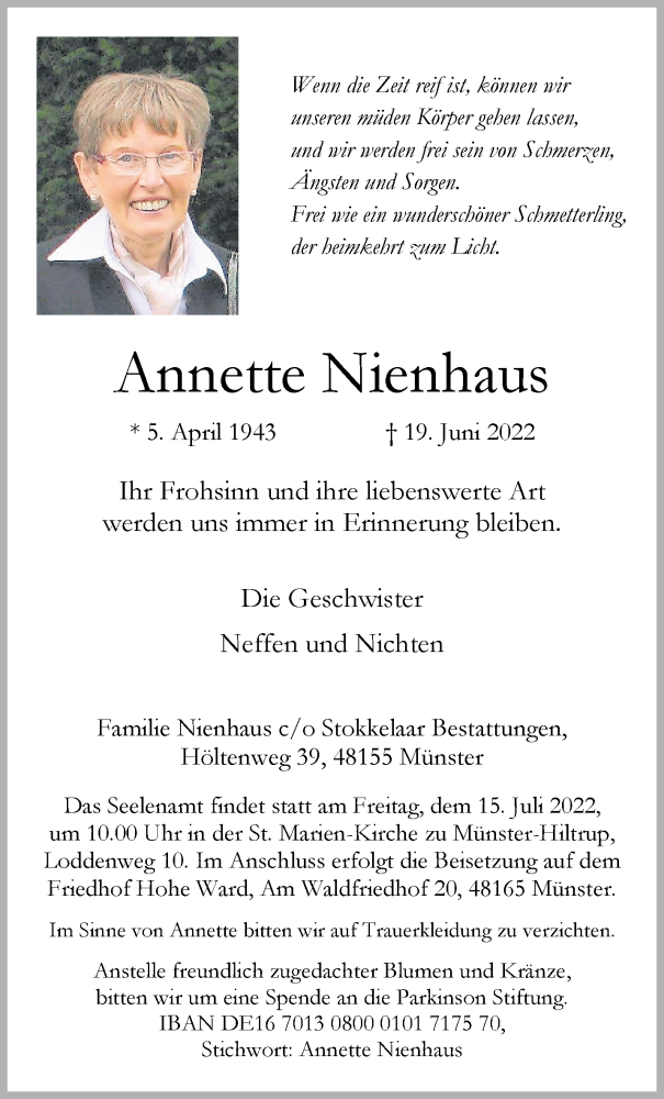  Traueranzeige für Annette Nienhaus vom 09.07.2022 aus 