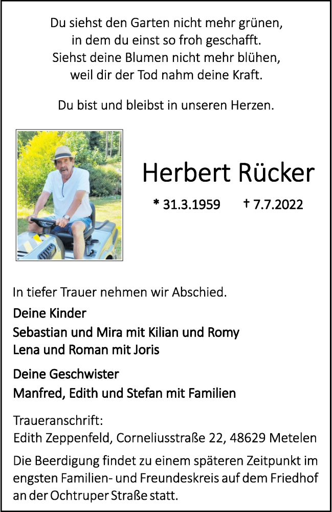  Traueranzeige für Herbert Rücker vom 14.07.2022 aus 