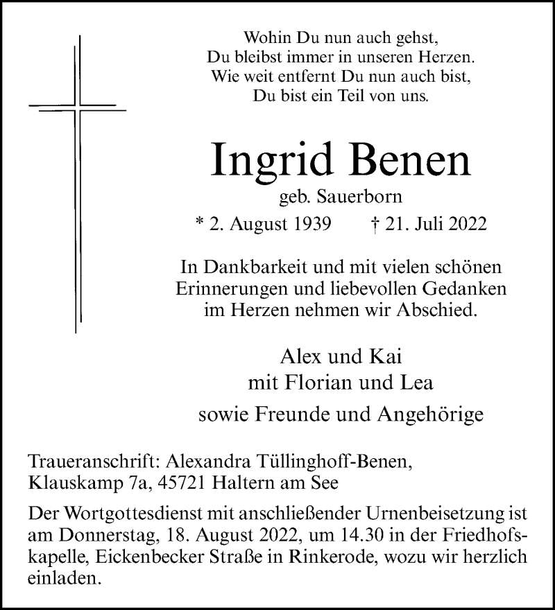  Traueranzeige für Ingrid Benen vom 30.07.2022 aus 
