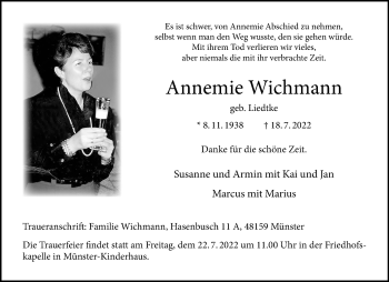 Anzeige von Annemie Wichmann 