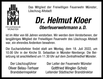 Anzeige von Helmut Kloer 