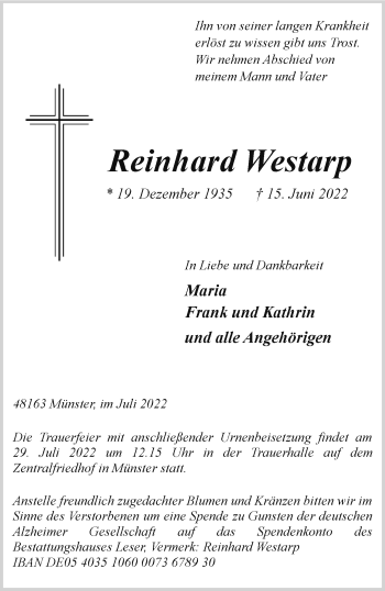 Anzeige von Reinhard Westarp 