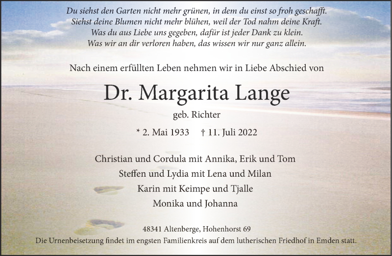  Traueranzeige für Margarita Lange vom 23.07.2022 aus 