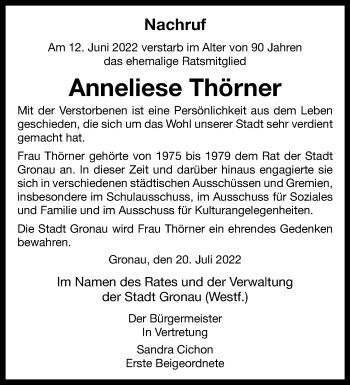 Anzeige von Anneliese Thörner 