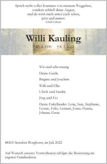Anzeige von Willi Kauling 